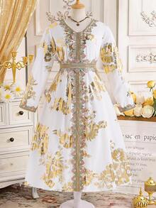 Đầm tay rộng cổ chữ V thanh lịch với họa tiết hoa thêu vàng, thích hợp cho bé gái vào mùa xuân/hè. - trắng - Xem 2