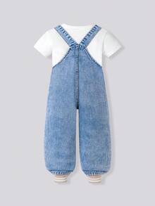 SHEIN One Piece 女童 2026 春夏新款浅蓝色水洗彩虹爱心破洞牛仔背带裤，宽松灯笼袖口设计，甜美可爱百搭，时尚夏季薄款拼接牛仔背带裤 - 中等水洗藍 - 查看 2