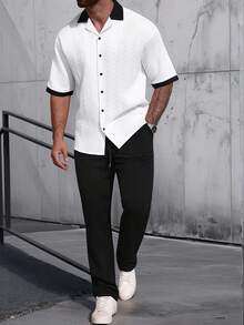 Manfinity Nomadique 男士休闲撞色短袖衬衫长裤套装，夏季 - 彩色 - 查看 4