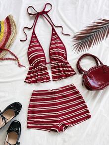 Soleia Women's Summer Vacation Striped Halter Neck Ruffle Hem Top And Shorts 2 Pieces Set - Red and White - View 8