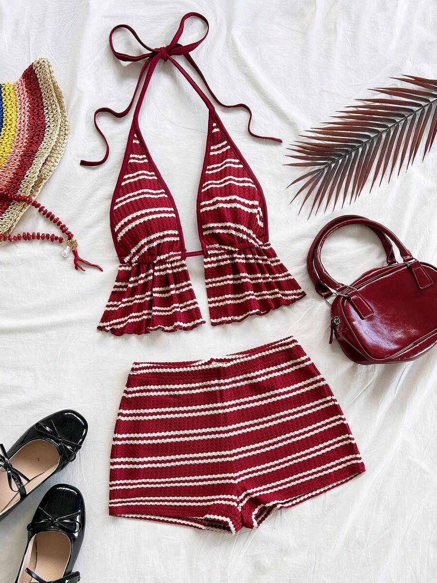 Soleia 女士夏季度假条纹露背荷叶边上衣和短裤两件套 - 紅白色 - 查看 1