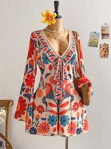 Soleia 大码女士度假网纱印花连体裤 - 彩色 - 查看 2