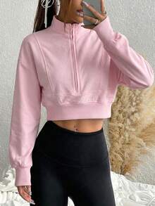 SHEIN EZwear Áo sweatshirt dài tay dáng lửng màu hồng có khóa kéo phía trước dành cho nữ, trang phục thường ngày thoải mái, áo dài tay, hoàn hảo cho mùa tốt nghiệp, mùa tựu trường, lễ tốt nghiệp, trang phục giáo viên nữ, một món đồ không thể thiếu cho mùa tựu trường xuân hè. - Hồng - Xem 4