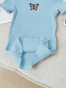 SHEIN 女婴可爱针织休闲弹力荷叶边刺绣图案短袖连衣裙 - 藍色 - 查看 3