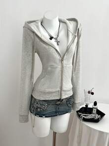 Elamini Fitted Vintage-Style Knit Elastic Hooded Thermal Lined Long Sleeve Pocket Sweatshirt For Women