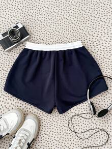 SHEIN Teen Girls' White & Navy Casual Sports Minimalist Drawstring Elastic Waist Super Low Rise Shorts Set, Suitable For Spring/Summer - Blue and White - View 2