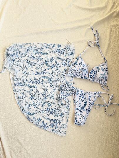 Swim Mod 女士随机印花挂脖三件套比基尼套装，含3条短裤，春夏款