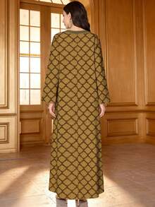 SHEIN Najma Plus Size Women's Vintage Floral Geometric Print V-Neck Long Sleeve Elegant Arabic Style Maxi Dress, Spring - Multicolor - View 2