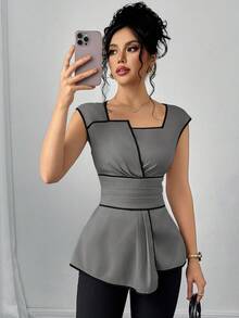 SHEIN Clasi Áo không tay phối viền tương phản dành cho nữ - Màu Xám nhạt - Xem 3