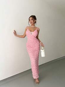 Islaluna Vestido de tirantes con abertura y aplicaciones para mujer, adecuado para el Día de San Valentín - Rosa - Ver 6