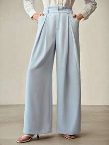 MOTF PREMIUM WOMEN'S SKY BLUE CASUAL FOLD PLEATED WIDE LEG PANTS - Blue - View 2