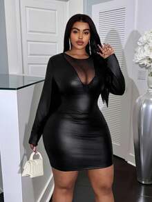 Slaydiva Đầm mini dáng ôm màu trơn bằng da PU phối lưới, cổ áo phối ren, thích hợp cho mùa Xuân/Hè, phù hợp cho Halloween, tiệc sinh nhật, sự kiện, sinh viên, mặc hàng ngày, đa năng, thanh lịch và gợi cảm. Thích hợp cho trang phục ngày Valentine. - màu đen - Xem 11