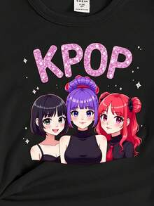 春夏秋季女童休闲时尚创意个性清爽简约酷炫虚拟女团明星图案字母标语印花宽松基础款短款T恤，舒适日常穿着，温暖的夏秋风格，适合春夏女童穿搭，上衣 - 黑色 - 查看 5