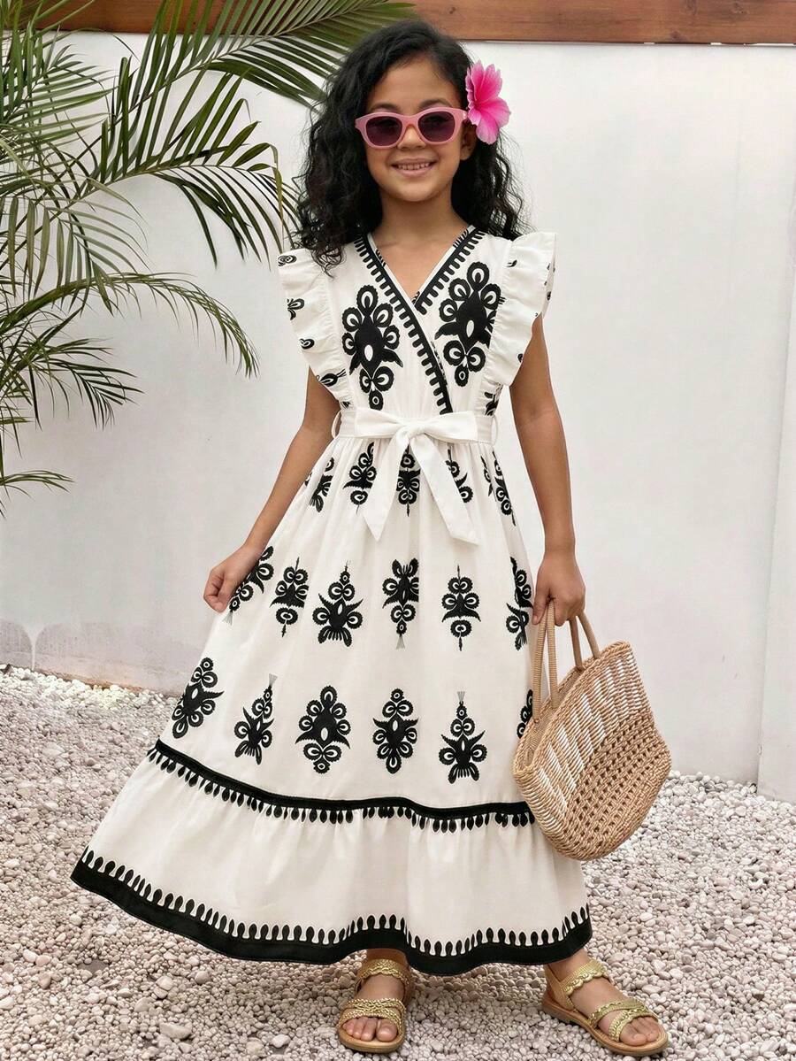 Tween Girl Spring/Summer Vacation Beachfront Retro Pattern Paisley Retro Pattern Bohemian Colorful Ruffled Waist Fitted Midi Dress Woven Dress - White - View 1
