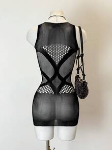 SHEIN Jeanoir 女士性感黑色水钻无袖紧身连衣裙 - 黑色 - 查看 2