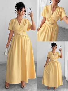 Elenzga 大码女装夏季新款法式黄色V领收腰显瘦优雅褶皱金属环装饰长裙，适合：日常休闲、通勤、办公、朋友聚会、小型派对、海滩度假 - 黃色 - 查看 6
