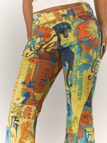 MUSERA Fitted Asymmetric Waist Low Rise Print Flare Jeans Cool Girl, , Going Out, Sexy, Crimson Winter Chic - Orange - View 5