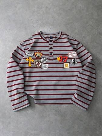 Camiseta de manga larga de cuello redondo para hombres, con estampado de rayas vintage y números, para uso casual diario