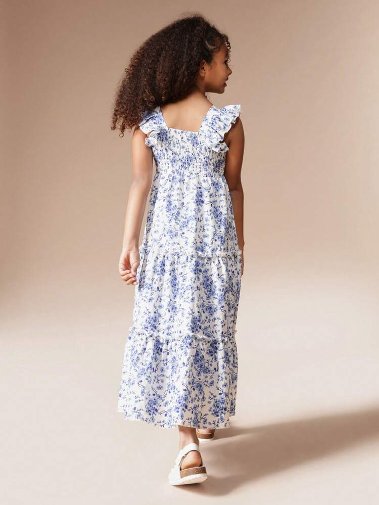 Floral Smocked Ruffle Maxi Dress With Lace Trim