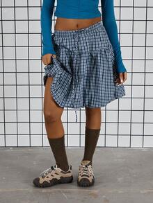 COUREZ Bubble Hem Check Midi Skirt /Y2K Spring Clothes For Women Cute Going Out Skirts Party Outfit 2 Piece Sets Back To School Outfits Date Night Valentines Day - Blue - View 4