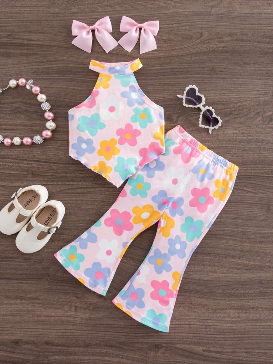 SHEIN Babygirl Casual Cute Floral Print Knit Camisole And Elastic Waist Pants Set - Multicolor - View 1