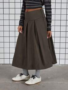 COUREZ Pleated Midi Skirt In Nylon /Y2K Spring Clothes For Women - Olive Green - View 3
