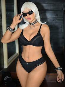 两件套性感蕾丝女士内衣套装，优雅浪漫无钢圈文胸套装，轻薄无衬垫内衣 - 黑色 - 查看 3