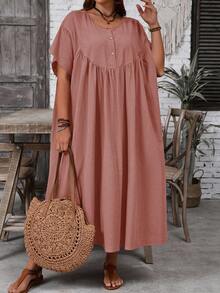 EMERY ROSE Plus Size Women Solid Color Round Neck Pleated Casual Loose Party & Daily Wear Dress - Redwood - View 5