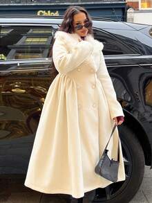 NegzBox 女士仿毛皮领双排扣大衣 - 杏色 - 查看 5