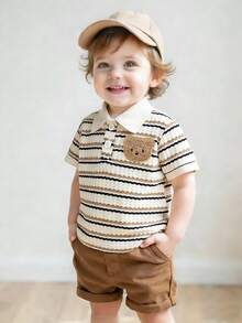 SHEIN Playful Pals Baby Boy Classic Green Waffle Fabric Apricot Polo Shirt, White Contrast Buttons Half Placket Short Sleeve Casual Top, Summer Streetwear Activewear For School, Holiday, Outdoor Retro Vintage, Baby Boy Clothes, Polo  Boy For Baby Baby Clothes ,Toddler Button Up Boy Baby Clothes  Toddler Clothes,6M-3T - Khaki - View 8