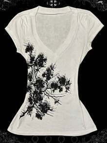 Camiseta de mujer de manga corta con cuello en V y estampado floral, adecuada para vacaciones de verano y uso diario - Blanco - Ver 1