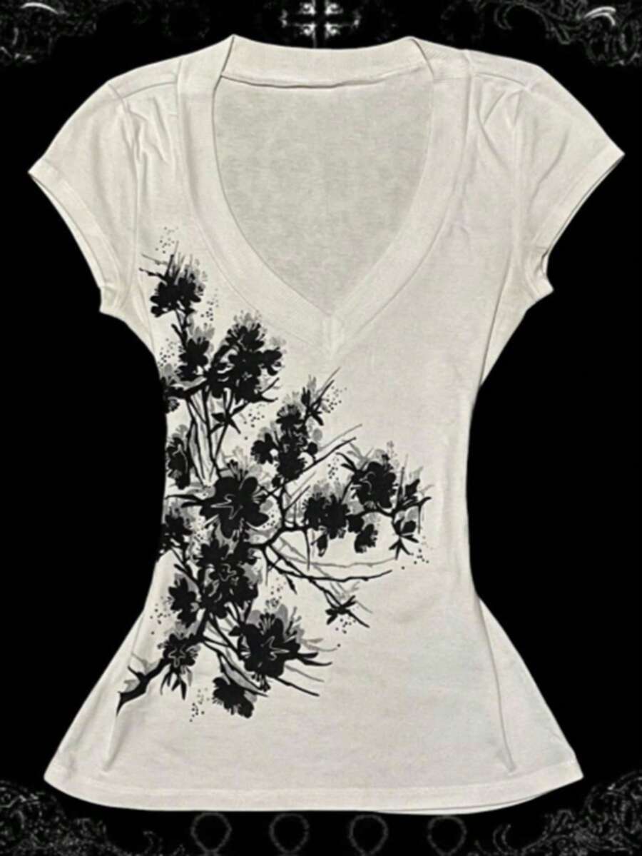 Camiseta de mujer de manga corta con cuello en V y estampado floral, adecuada para vacaciones de verano y uso diario - Blanco - Ver 1