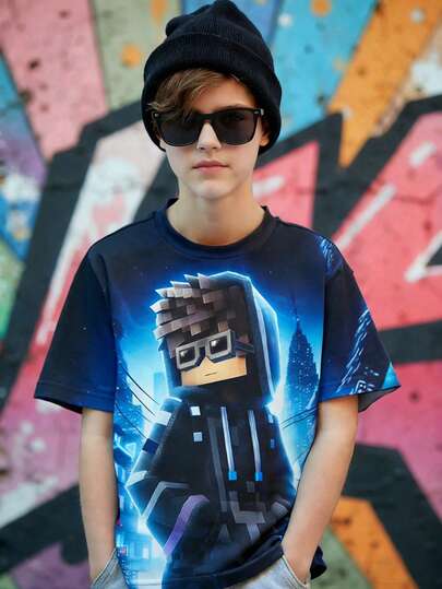 Boys' Casual Short Sleeve T-Shirt, Blue Cool Man 3D Printed Pattern, Fashionable Minimalist Style Short Sleeve Tee, Comfortable Fabric Sports T-Shirt, Boys Casual Wear Short Sleeve Top, Suitable For Summer