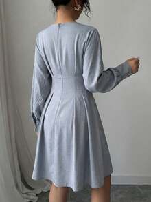 Modelyn Women's Fashionable Solid Color Waist Cinching Long Sleeve Short Dress - Blue - View 3