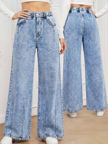 Quần jeans ống rộng dáng suông thoải mái, dễ phối đồ, phong cách Kawaii cho nữ tuổi teen, thích hợp cho mùa hè và sinh nhật. - Rửa nhẹ - Xem 9
