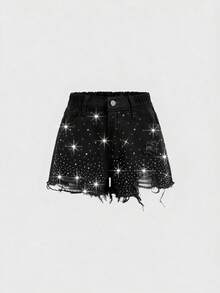 SHEIN Girlism Tween Girl Spring Summer Break Trending Rhinestone Bling Embellished High Waist Denim Shorts With Raw Hem, Stylish Casual Jeans Shorts, Tween Girl Beach Boho Holiday Concert Raves Festival - Black - View 1