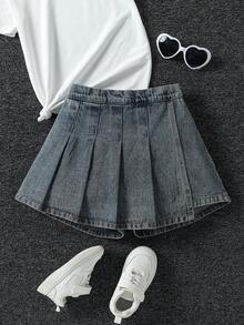 Genkimix Kids 少女休闲复古水洗蓝短裙裤，侧边蝴蝶结系带，褶裥设计，舒适腰带，百搭牛仔短裙裤，新品上市 - 中等水洗藍 - 查看 1