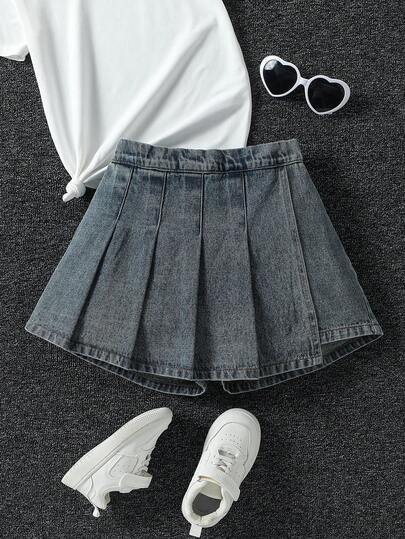 少女休闲复古水洗蓝短裙裤，侧边蝴蝶结系带，褶裥设计，舒适腰带，百搭牛仔短裙裤，新品上市