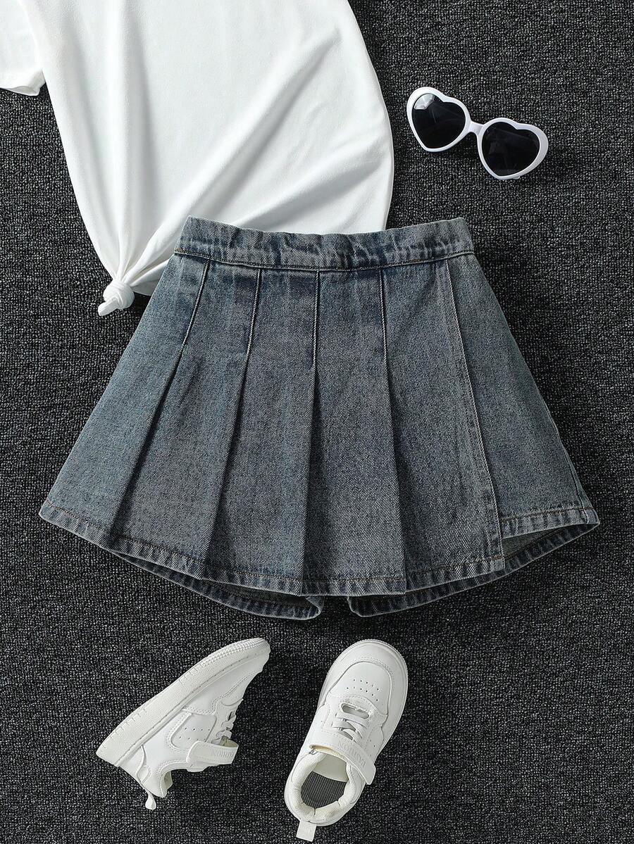 Genkimix Kids 少女休闲复古水洗蓝短裙裤,侧边蝴蝶结系带,褶裥设计,舒适腰带,百搭牛仔短裙裤,新品上市 - 中等水洗藍 - 查看 1