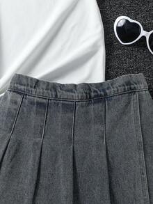 Genkimix Kids 少女休闲复古水洗蓝短裙裤，侧边蝴蝶结系带，褶裥设计，舒适腰带，百搭牛仔短裙裤，新品上市 - 中等水洗藍 - 查看 5