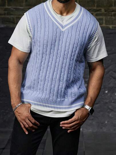 Manfinity Homme Chaleco casual de punto de cable con cuello en V a rayas para hombres de talla grande, otoño/invierno