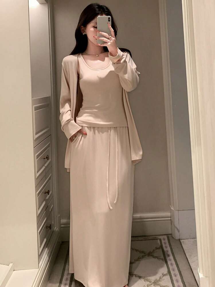 Women's Simple Solid Color Knit Cardigan, Tank Top And Mini Skirt Homewear Set
