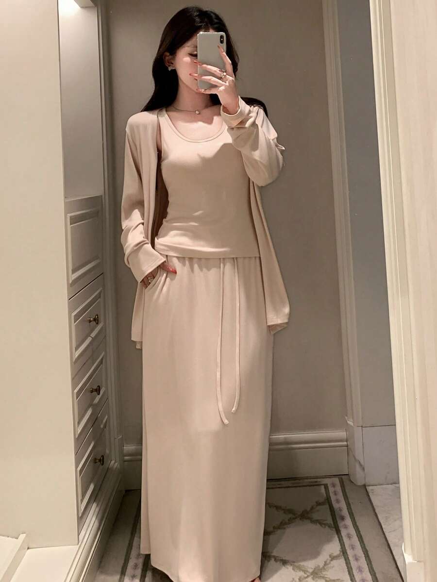 DAZY Women's Simple Solid Color Knit Cardigan, Tank Top And Mini Skirt Homewear Set - Apricot - View 1