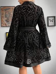 Whyspr Plus Size Women Flocked & Mesh Waist Long Sleeve Flare Cuff Maxi Cardigan Coat