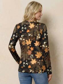 EMERY ROSE Women's Maple Leaf Print Round Neck Long Sleeve Casual Versatile T-Shirt - Multicolor - View 2