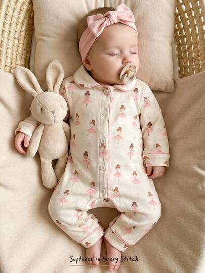 Cozy Pixies Recién nacido bebé niño/niña Mono de manga larga con cuello suave y estampado de niña de ballet, versátil, cómodo, casual y lindo para uso diario