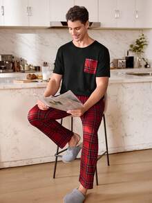 SHEIN 格子印花休闲口袋短袖裤男士睡衣套装 - 彩色 - 查看 7