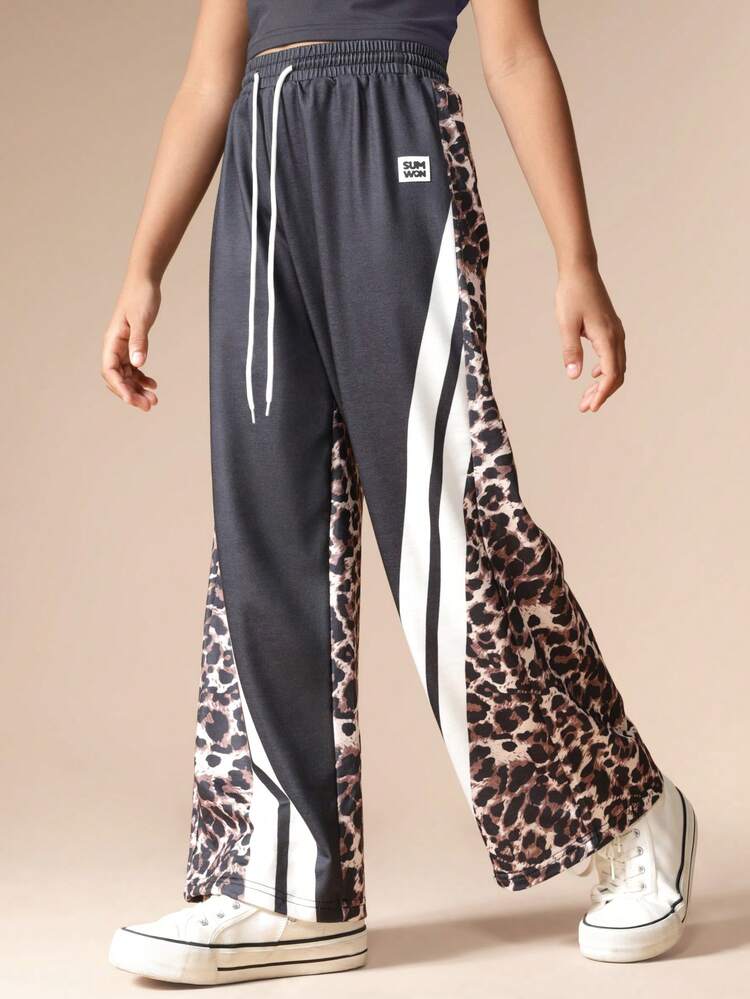 Leopard Print Wide Leg Pants With Contrast Stripes