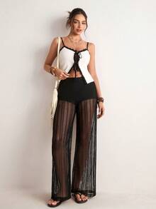 Freevana Quần ống rộng dệt kim xuyên thấu màu đen phong cách Bohemian, quần ống rộng cạp cao họa tiết hoa lưới, quần casual gợi cảm kiểu nghỉ dưỡng dành cho nữ. - màu đen - Xem 7