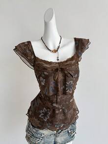 Sweetra Áo thun cổ nơ phong cách Y2K gợi cảm, chất liệu lưới co giãn, phối ren, họa tiết paisley nhiều lớp, thích hợp cho kỳ nghỉ, hẹn hò, tụ họp đường phố, lễ hội âm nhạc, mùa xuân/hè/thu. - Nhiều màu - Xem 5